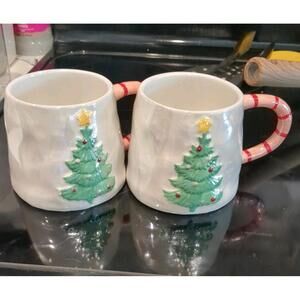 NEW Hobby Lobby Sleigh Bell Bistro Christmas Trees Candy Cane Coffee Mug X 2